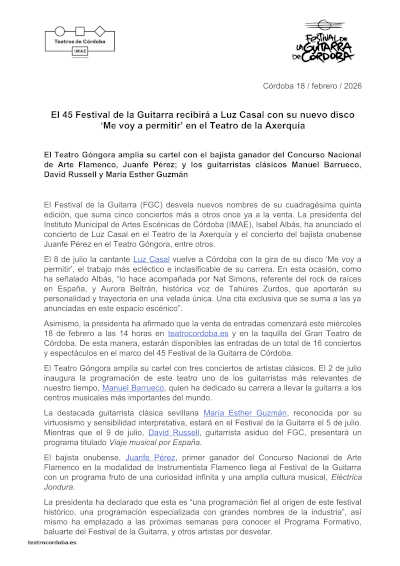 El 45 Festival de la Guitarra recibirá a Luz Casal con su nuevo disco «Me voy a permitir» en el Teatro de la Axerquía