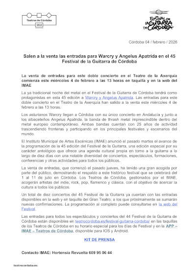Salen a la venta las entradas para Warcry y Angelus Apatrida en el 45 Festival de la Guitarra de Córdoba