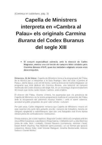 Capella de Ministrers interpreta en «Cambra al Palau» los originales Carmina Burana del Codex Buranus del siglo XIII