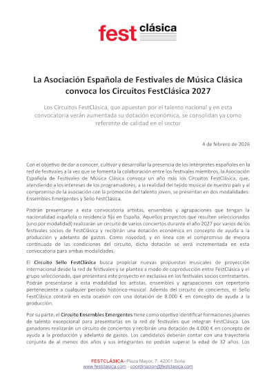 La Asociación Española de Festivales de Música Clásica convoca los Circuitos FestClásica 2027