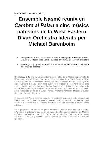 Ensemble Nasmé reúne en Cambra al Palau a cinco músicos palestinos de la West-Eastern Divan Orchestra