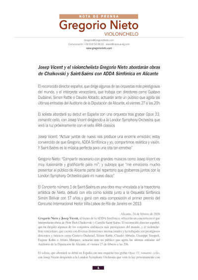 Josep Vicent y el violonchelista Gregorio Nieto abordarán obras de Chaikovski y Saint-Saëns con ADDA Simfònica en Alicante