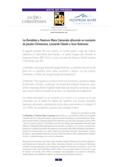 La Rambleta y Nostrum Mare Camerata ofrecerán un concierto de Jacobo Christensen, Leonardo Chiodo e Imre Rohmann