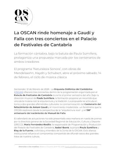 La OSCAN rinde homenaje a Gaudí y Falla con tres conciertos en el Palacio de Festivales de Cantabria