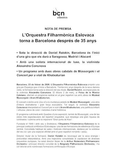 La Orquesta Filarmónica Eslovaca vuelve a Barcelona y al Palau de la Música Catalana tras 35 años