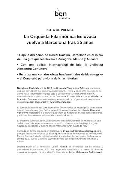 La Orquesta Filarmónica Eslovaca vuelve a Barcelona y al Palau de la Música Catalana tras 35 años