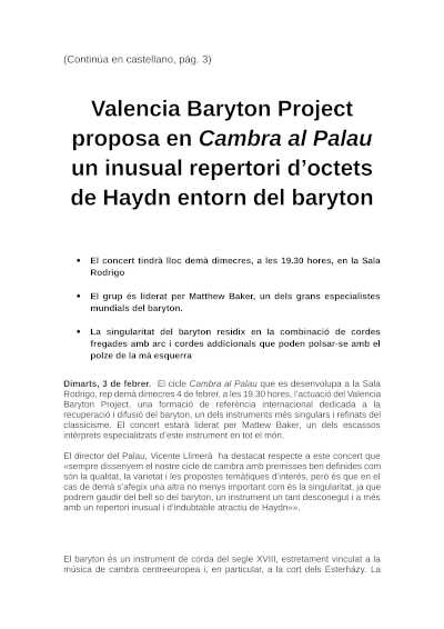 Valencia Baryton Project propone en Cambra al Palau un inusual repertorio de octetos de Haydn en torno al baryton