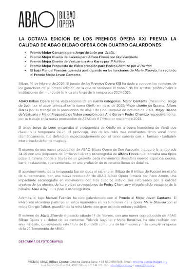 La VIII edición de los Premios Ópera XXI premia la calidad de ABAO Bilbao Opera con cuatro galardones