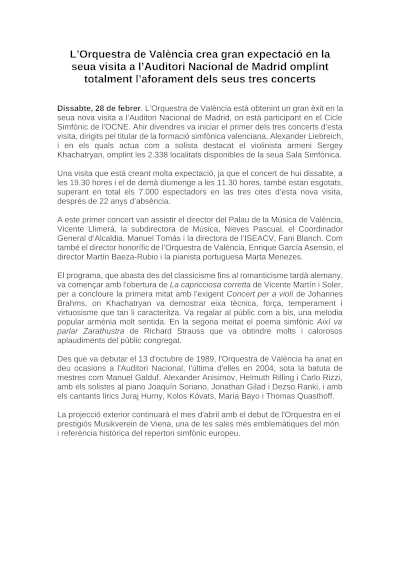 La Orquesta de València llena el Auditorio Nacional en el primero de sus tres conciertos