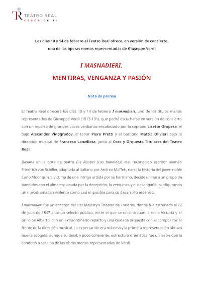 I masnadieri de Giuseppe Verdi, una de las ópera menos representadas del maestro en el Teatro Real