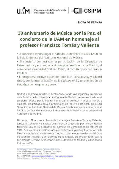 30 aniversario de Música por la Paz, el concierto de la UAM en homenaje al profesor Francisco Tomás y Valiente