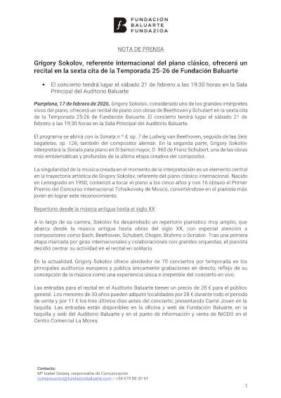Grigory Sokolov protagoniza la sexta cita de la Temporada 25-26 de Fundación Baluarte