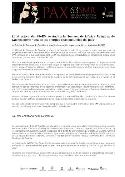 La directora del INAEM sitúa la Semana de Música Religiosa de Cuenca entre las grandes citas culturales del país