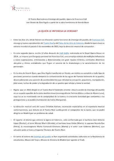 El Teatro Real estrena Enemigo del pueblo, ópera de Francisco Coll con libreto de Àlex Rigola