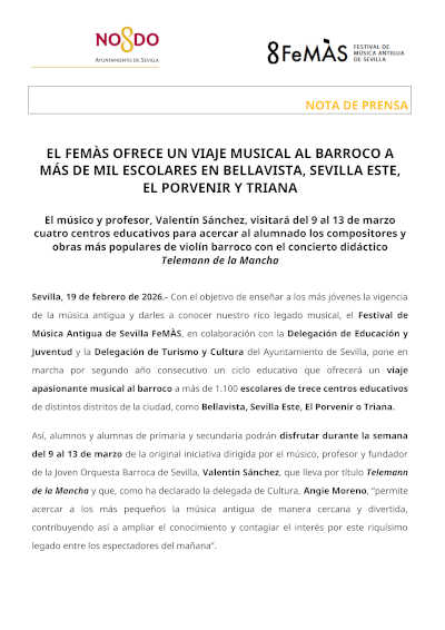 El FeMÀS ofrece un viaje musical al barroco a más de mil escolares en Bellavista, Sevilla Este, El Porvenir y Triana