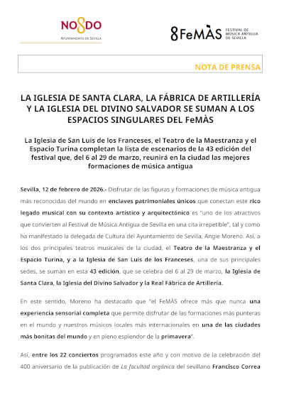 La Iglesia de Santa Clara, la Real Fábrica de Artillería y el Salvador se incorporan como nuevos espacios del FeMÀS 2026
