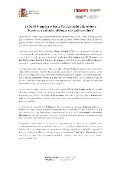 La OCNE inaugura el Focus Festival 2026 bajo el lema «Pioneras y exiliadas: diálogos con Latinoamérica»