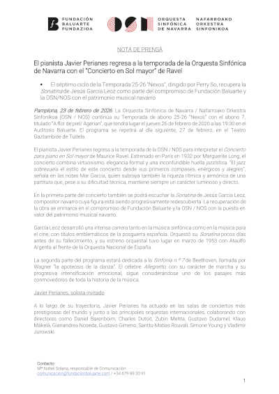 Javier Perianes regresa a la temporada de la Orquesta Sinfónica de Navarra con el “Concierto en Sol mayor” de Ravel