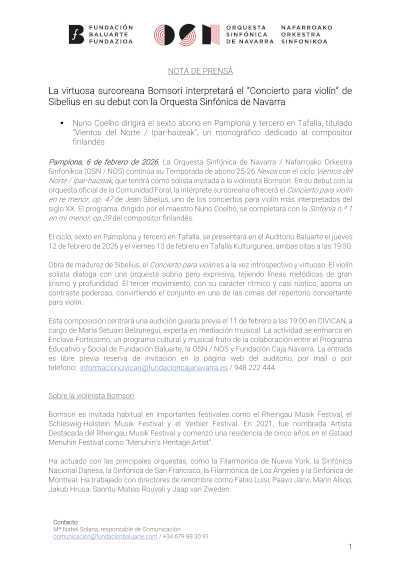 La virtuosa Bomsori interpretará el “Concierto para violín” de Sibelius en su debut con la Orquesta Sinfónica de Navarra