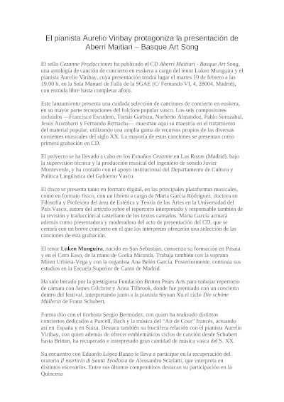 Aurelio Viribay y Luken Munguira protagonizan la presentación de Aberri Maitiari – Basque Art Song