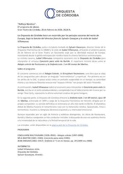 Orquesta de Córdoba: música del norte de Europa con Gasaçon y Villanueva