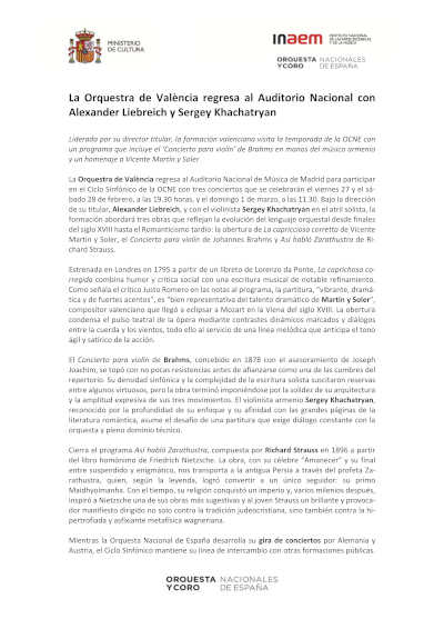 La Orquestra de València regresa al Auditorio Nacional con Alexander Liebreich y Sergey Khachatryan