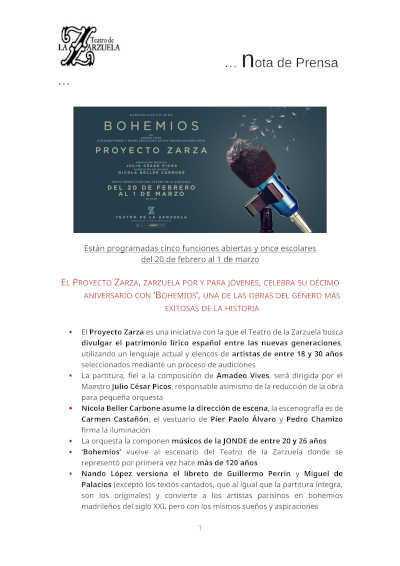El Proyecto Zarza, zarzuela por y para jóvenes, celebra su décimo aniversario con «Bohemios»