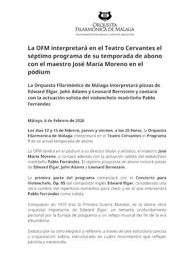 La OFM interpretará en el Teatro Cervantes el séptimo programa de su temporada de abono