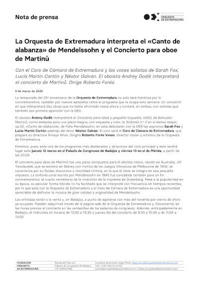 La Orquesta de Extremadura interpreta el «Canto de alabanza» de Mendelssohn y el Concierto para oboe de Martinů