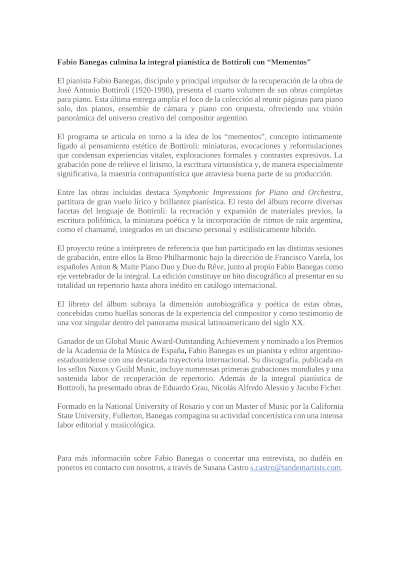 Fabio Banegas culmina la integral pianística de Bottiroli con el álbum Mementos