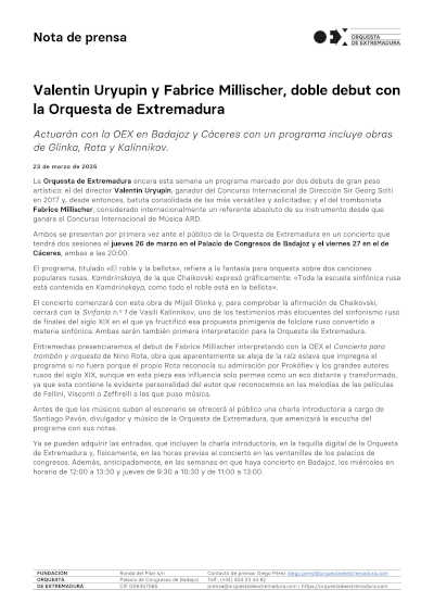 Valentin Uryupin y Fabrice Millischer, doble debut con la Orquesta de Extremadura