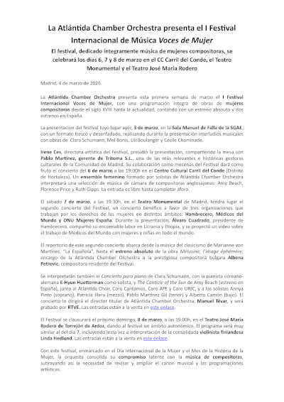 La Atlántida Chamber Orchestra presenta el I Festival Internacional de Música Voces de Mujer