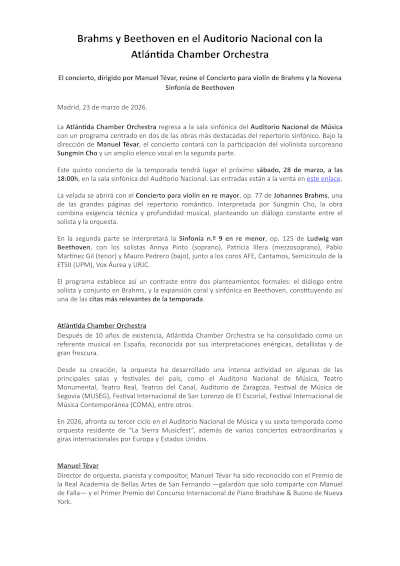 Brahms y Beethoven en el Auditorio Nacional con la Atlántida Chamber Orchestra