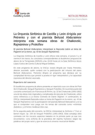 La Orquesta Sinfónica de Castilla y León dirigida por Petrenko y con el pianista Behzod Abduraimov