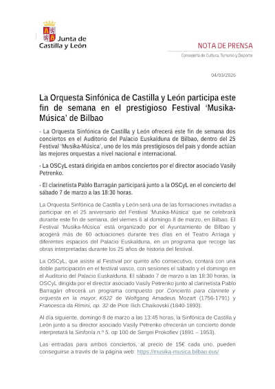 La OSCyL participa este fin de semana en el prestigioso Festival «Musika-Música» de Bilbao