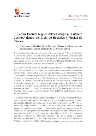 El Centro Cultural Miguel Delibes acoge al Cuarteto Cosmos dentro del Ciclo de Recitales y Música de Cámara
