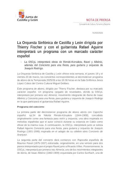 Thierry Fischer dirige a la OSCyL con Rafael Aguirre en un programa español