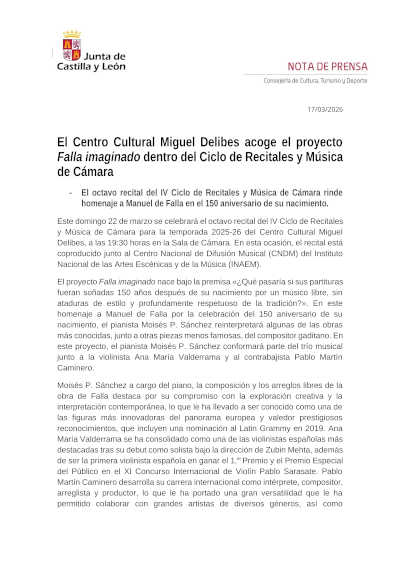 Centro Cultural Miguel Delibes acoge «Falla imaginado» en su ciclo de recitales y de cámara