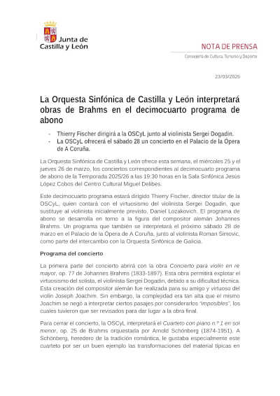 La Orquesta Sinfónica de Castilla y León interpretará obras de Brahms en el decimocuarto programa de abono