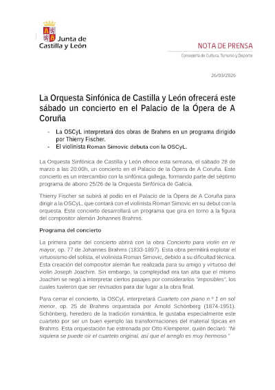 La OSCyL ofrecerá este sábado un concierto en el Palacio de la Ópera de A Coruña