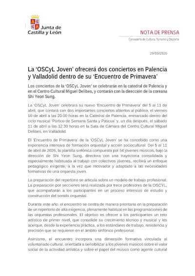 La «OSCyL Joven» ofrecerá dos conciertos en Palencia y Valladolid dentro de su «Encuentro de Primavera»