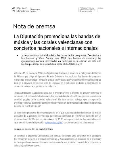 Diputació de València promociona bandas de música y corales valencianas con conciertos nacionales e internacionales