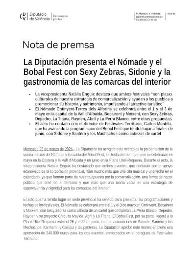 La Diputació de València presenta Nómade y Bobal Fest con Sexy Zebras, Sidonie y gastronomía en comarcas del interior