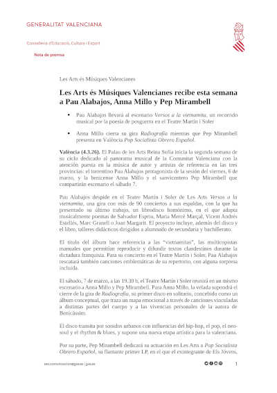 Les Arts és Músiques Valencianes recibe esta semana a Pau Alabajos, Anna Millo y Pep Mirambell