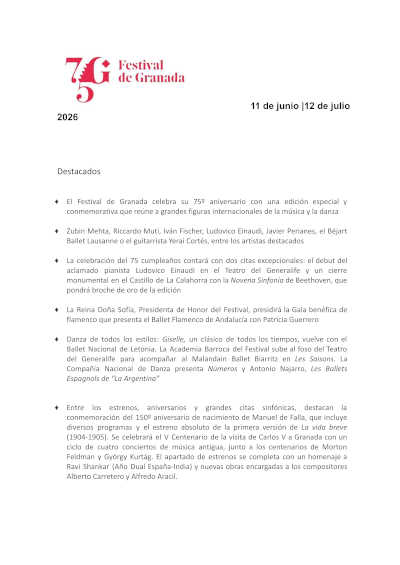 El Festival de Granada celebra su 75ª edición con grandes orquestas, danza y homenajes a Manuel de Falla