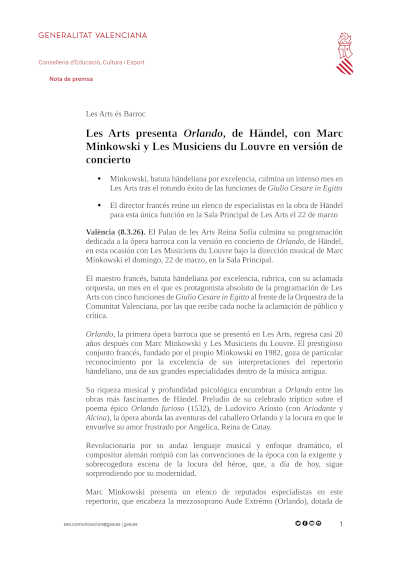 Les Arts presenta Orlando, de Händel, con Marc Minkowski y Les Musiciens du Louvre en versión de concierto
