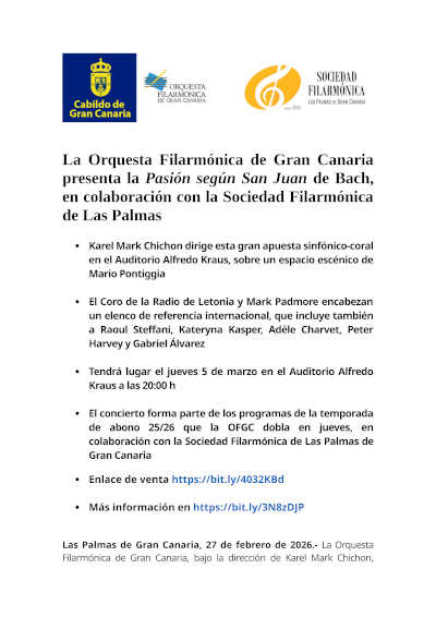 La Orquesta Filarmónica de Gran Canaria presenta la Pasión según San Juan de Bach