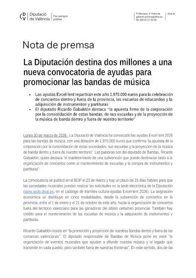La Diputación destina dos millones a una nueva convocatoria de ayudas para promocionar las bandas de música
