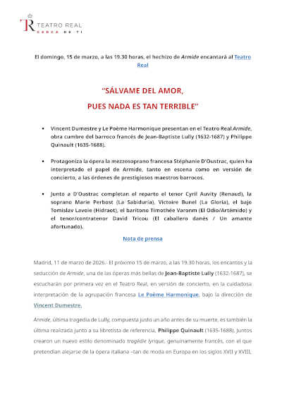 Armide de Jean-Baptiste Lully en versión concierto en el Teatro Real de Madrid