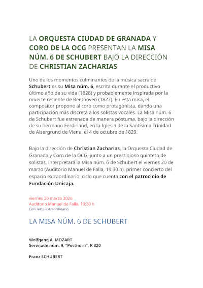 La Orquesta Ciudad de Granada y Coro de la OCG, prensentan Misa nº 6 de Schubert